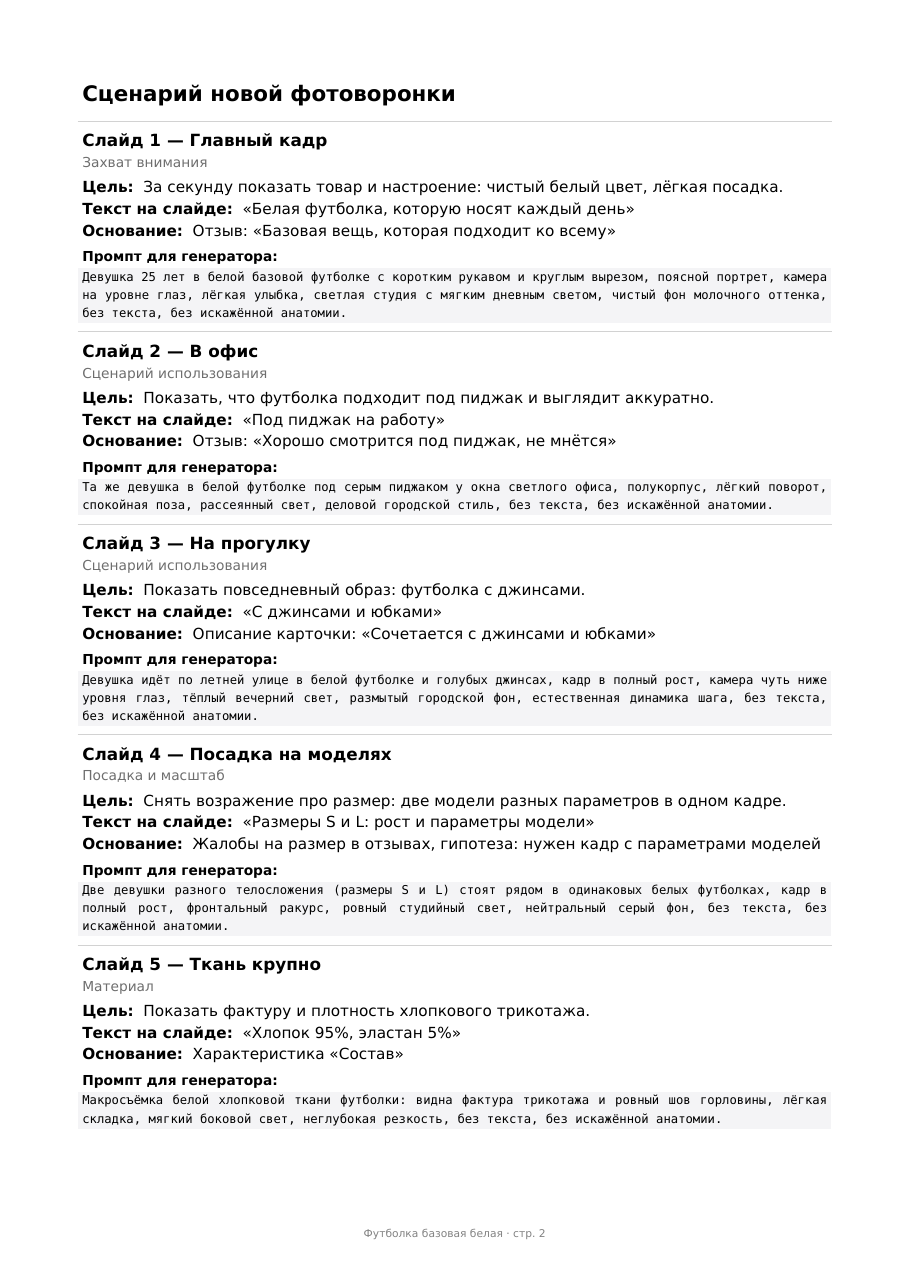 Страница PDF с ТЗ на фотоворонку: сценарий слайдов с текстом на слайде, основанием и промптом для генератора картинок